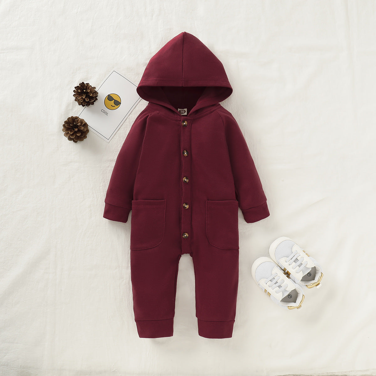 Cross-border solid color hooded single-breasted baby children's hooded romper