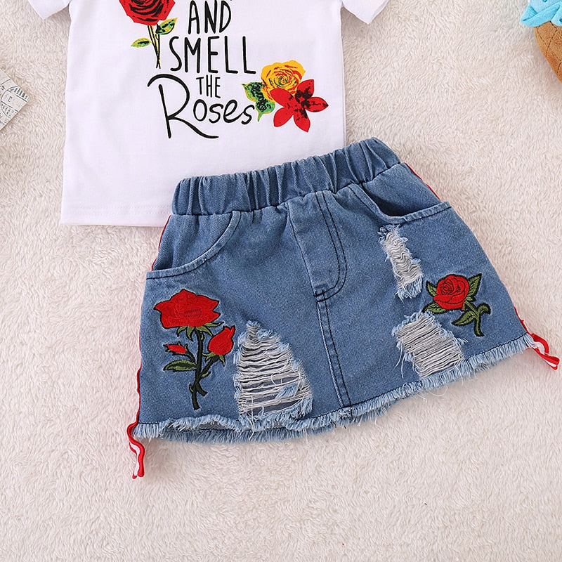 Flower Print Set Top+Denim Skirt 2Pcs baby girl