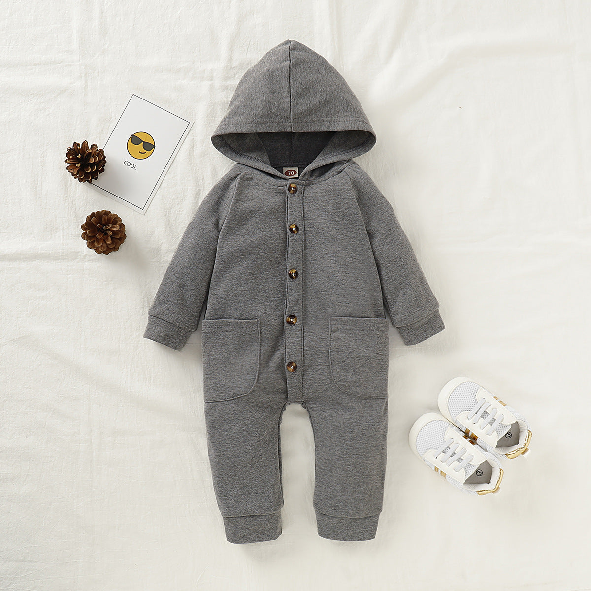 Cross-border solid color hooded single-breasted baby children's hooded romper