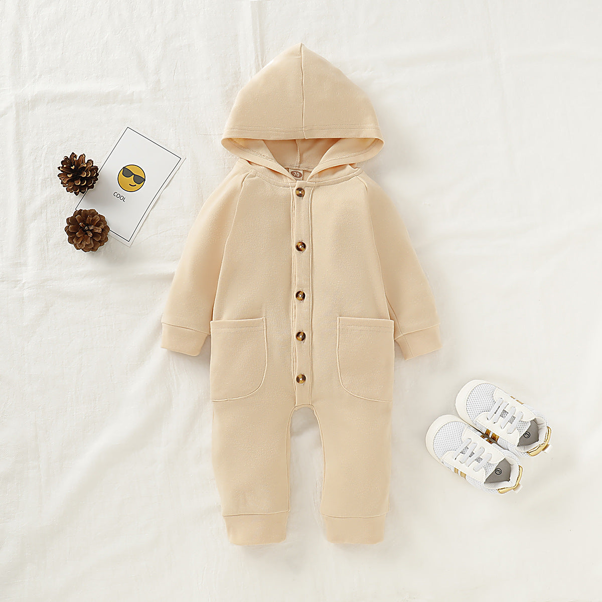 Cross-border solid color hooded single-breasted baby children's hooded romper