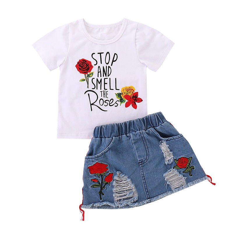 Flower Print Set Top+Denim Skirt 2Pcs baby girl