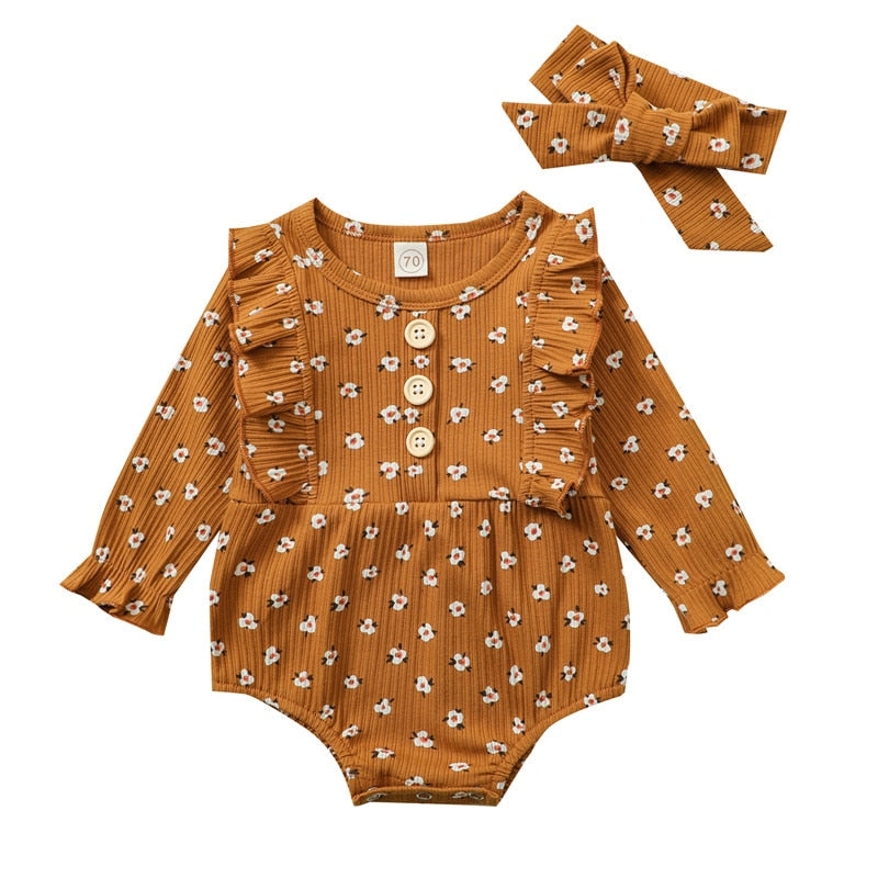 4 Colors Baby Girls Rompers Floral Ruffles Jumpsuits Headband 2pcs